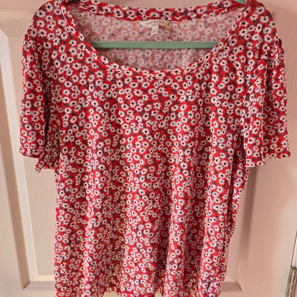Lucky Brand Red Floral Shirt with White Flowers XL